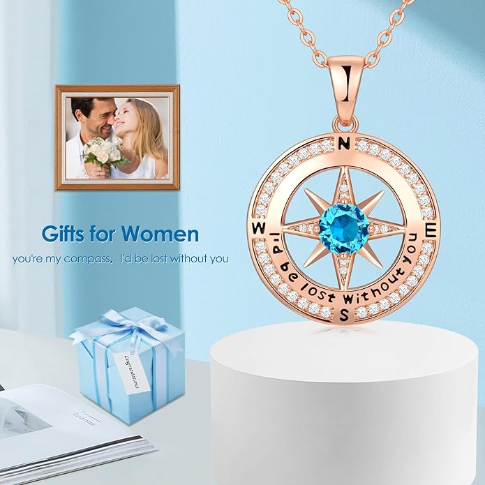 Compass Necklace Gifts for Women wife - S925 Sterling Silver Birthstone Necklaces for Women - Anniversary Birthday Gifts for Her Wife Girlfriend - Valentines Mom Mothers Day Christmas Gifts Jewelry for Women