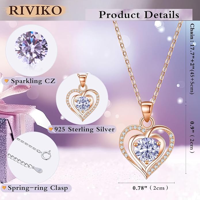 RIVIKO Heart Birthstone Pendant Necklace for Women 925 Sterling Silver Zirconia Necklaces Wedding Anniversary Birthday Mothers Day Jewelry Gifts For Her Mother Wife