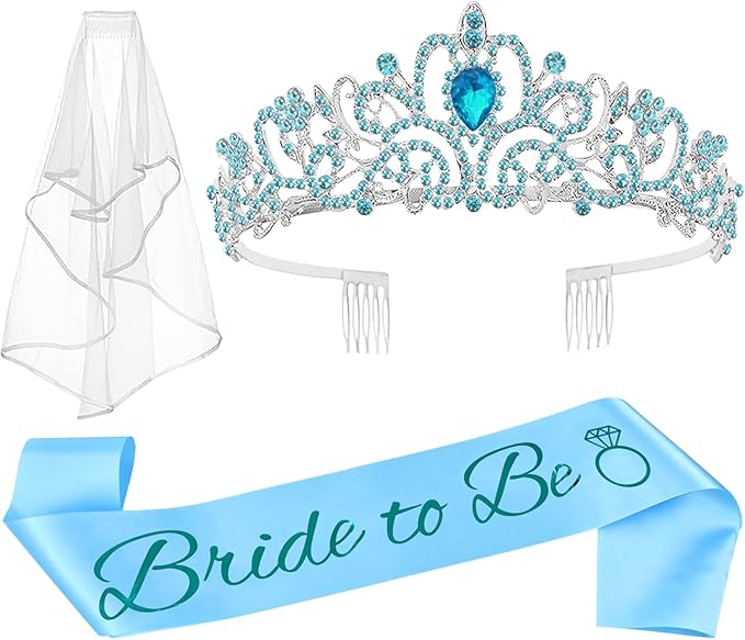 JETKONG 3 Pcs Bachelorette Party Decorations Bridal Shower Crown, Bride to Be Sash&Veil for Women Bachelorette Party Gifts, Bachelorette Party Supplies, Gifts, Favors (Blue)