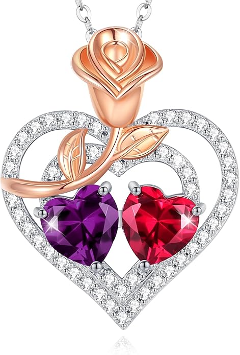 AGVANA Birthstone Necklace for Women Sterling Silver Rose Flower Heart Double Birthstone Jewelry Pendant Necklace Anniversary Birthday Gifts for Women Mom Wife Girlfriend Her