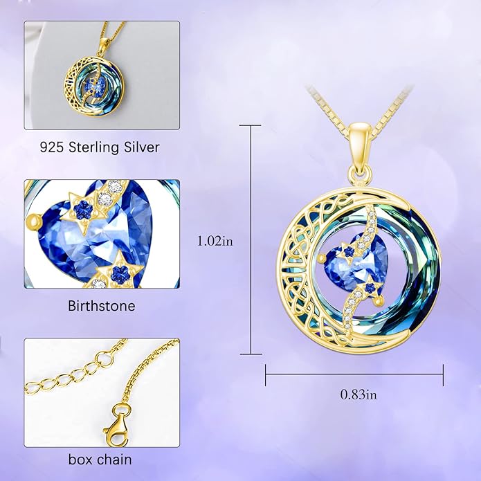 TOUPOP Birthstone Necklace 925 Sterling Silver Moon and Star Pendant with Blue Crystal Celtic Moon Jewelry Birthday Christmas Gifts for Women Mom Wife Her Daughter