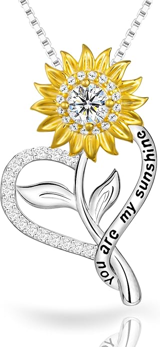 1 Carat Moissanite Sunflower Pendant Necklace | 'You Are My Sunshine' Engraved Heart Charm | 925 Sterling Silver | Radiant Anniversary, Wedding, Timeless Commitment Gift for Her