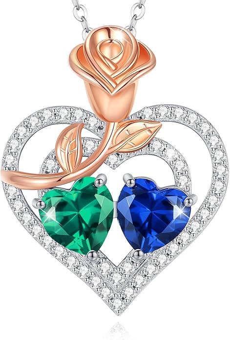 AGVANA Birthstone Necklace for Women Sterling Silver Rose Flower Heart Double Birthstone Jewelry Pendant Necklace Anniversary Birthday Gifts for Women Mom Wife Girlfriend Her