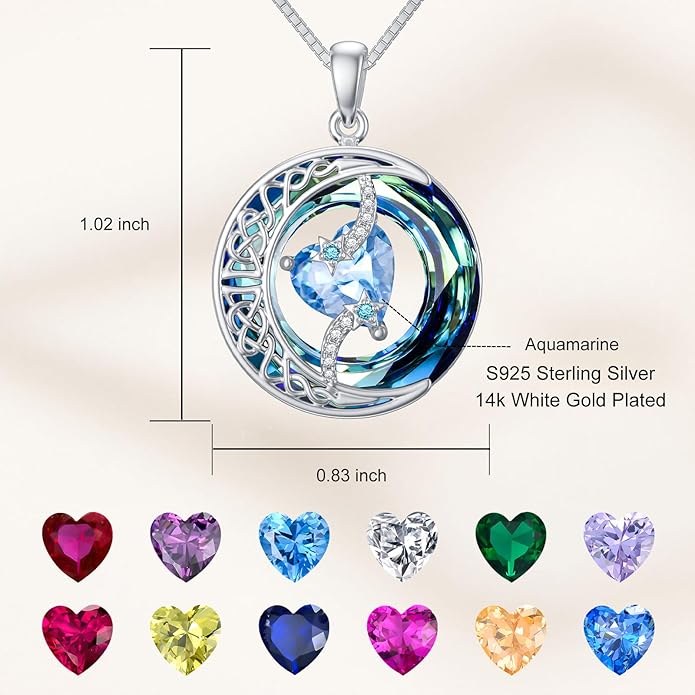 TOUPOP Birthstone Necklace 925 Sterling Silver Moon and Star Pendant with Blue Crystal Celtic Moon Jewelry Birthday Christmas Gifts for Women Mom Wife Her Daughter