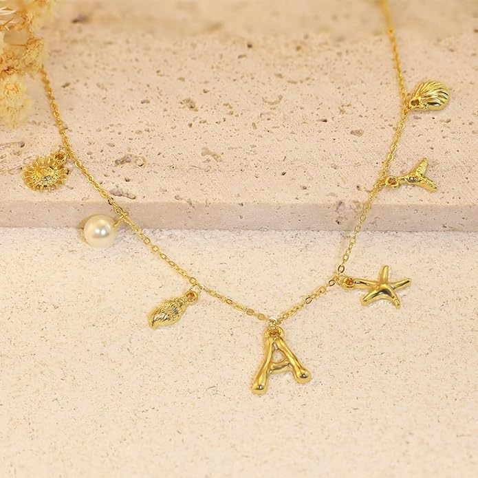 Initial Charm Necklace For Women Shell Letter Necklaces Gold Charms Pendant Boho Summer Seashell Beach 14k Starfish Surfer Jewelry Gifts