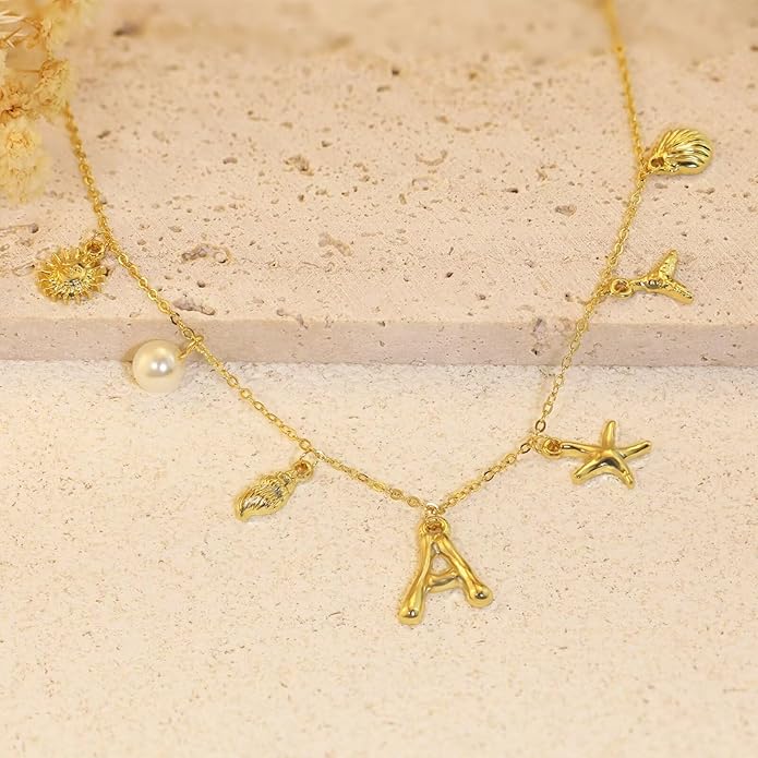 Initial Charm Necklace For Women Shell Letter Necklaces Gold Charms Pendant Boho Summer Seashell Beach 14k Starfish Surfer Jewelry Gifts