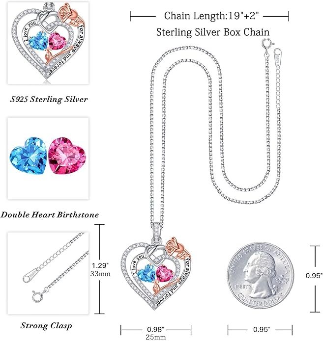 Iefil Rose Heart Necklace Gifts for Wife Women - 925 Sterling Silver Double Birthstone Necklace, Anniversary Birthday Gifts for Women, Jewelry Gift for Wife Girlfriend Mom Her