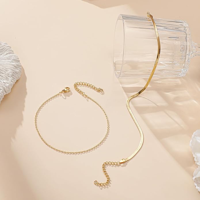 Ritach Ankle Bracelets for Women - Stainless Steel Silver/Gold Anklets for Women Waterproof Layered Cuban Link Figaro Chain Heart Anklets Set Summer Beach Jewelry Gifts