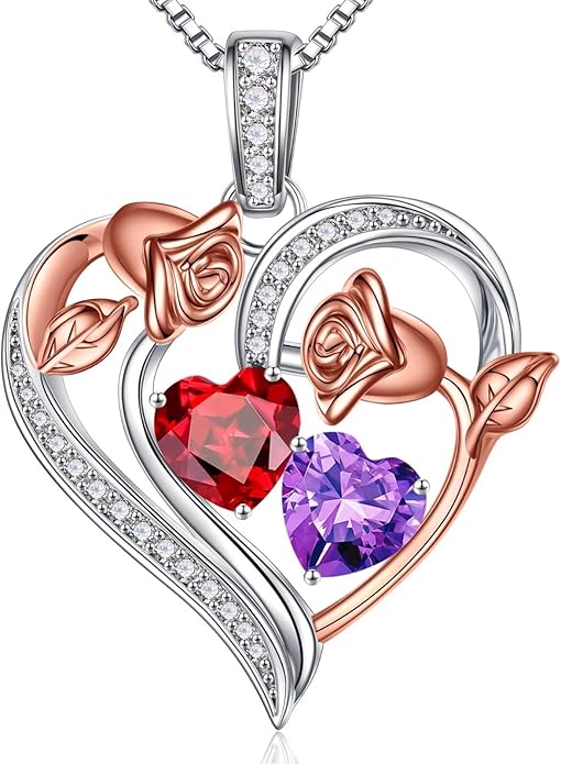 Iefil Birthstone Necklace for Women - 925 Sterling Silver Rose Heart Necklace, Birthstone Jewelry, Anniversary Birthday Gifts for Wife Girlfriend Mom Daughter