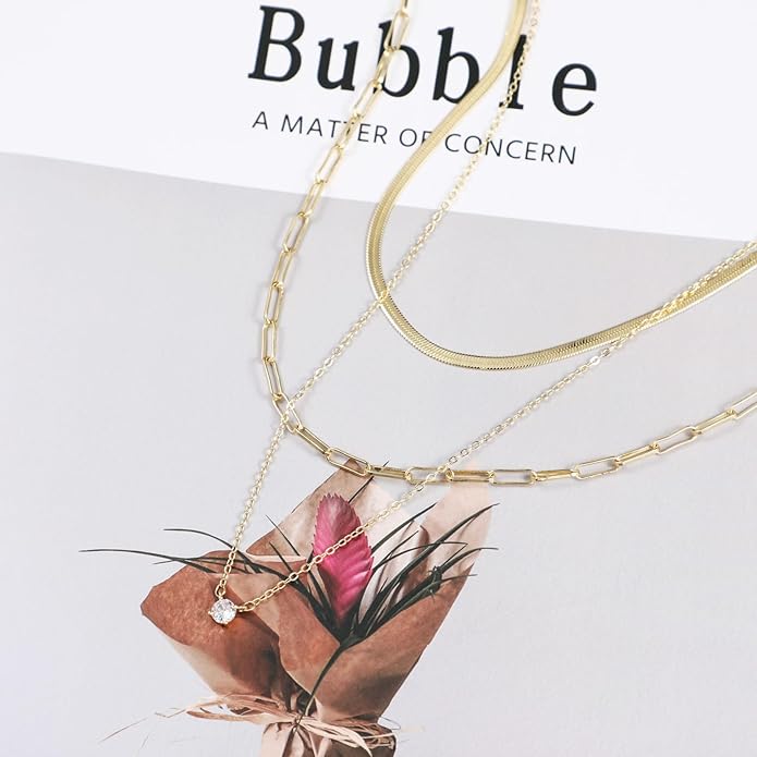 ASCOMY Layered Necklaces for Women Dainty Gold Necklace 14K Gold Plated Herringbone Necklace for Women Pearl Cross Necklace Paperclip Cuban Figaro Rope Satellite Chain Gold Choker Trendy Jewelry Gift