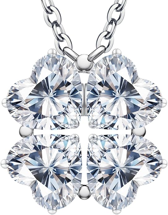 Luckylove 4-Leaf Clover & 4-Heart Smile 2-In-1 Necklace for Women, 4 x 1-0.5 ct Heartshape Moissanite, Sterling Silver Jewelry, Anniversary Birthday Christmas Valentines Day Gifts For Wife Girlfriend Her