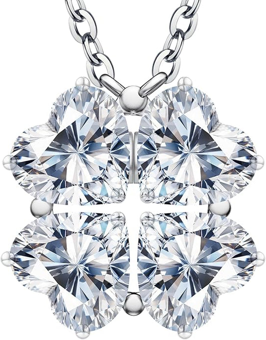 Luckylove 4-Leaf Clover & 4-Heart Smile 2-In-1 Necklace for Women, 4 x 1-0.5 ct Heartshape Moissanite, Sterling Silver Jewelry, Anniversary Birthday Christmas Valentines Day Gifts For Wife Girlfriend Her
