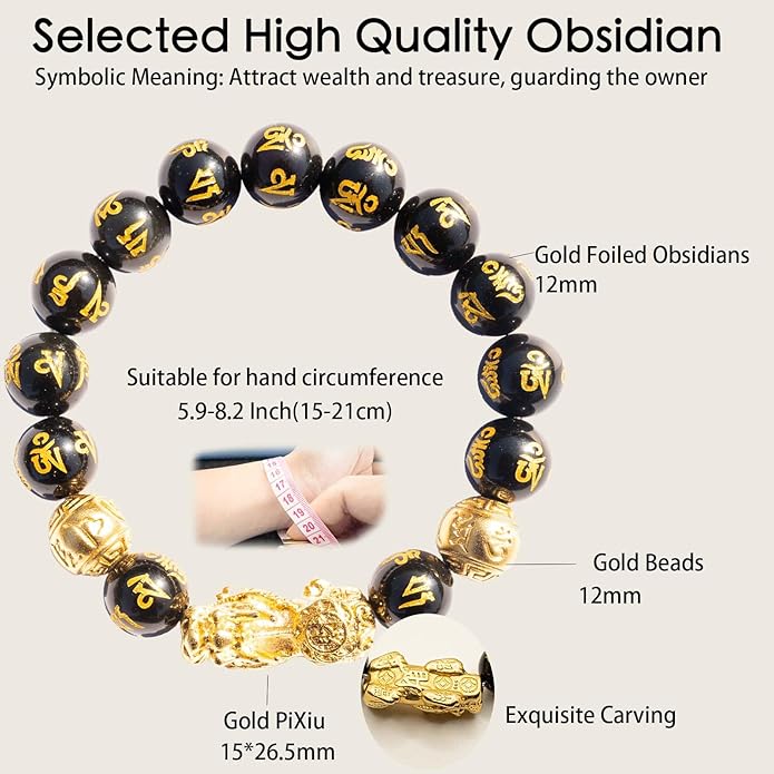 Feng Shui Bracelet 24K Gold Plated PiXiu, Colored Eyes Obsidian Dragon Protection Bracelet Meditation Decompression Prayer Beads Lucky Wealth Bracelets for Men Women(12mm)