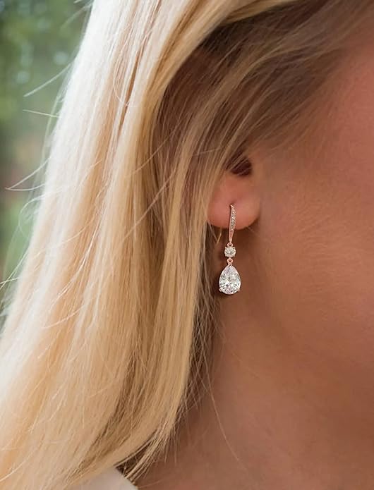 Drop Dangle Earrings for Women, Pear Cut Cubic Zirconia Long Teardrop Wedding Bridal Earrings, Silver Rose Gold Plated Copper Brass Micro Inlay CZ Gorgeous Plain Simple Fine Jewelry Gifts Box