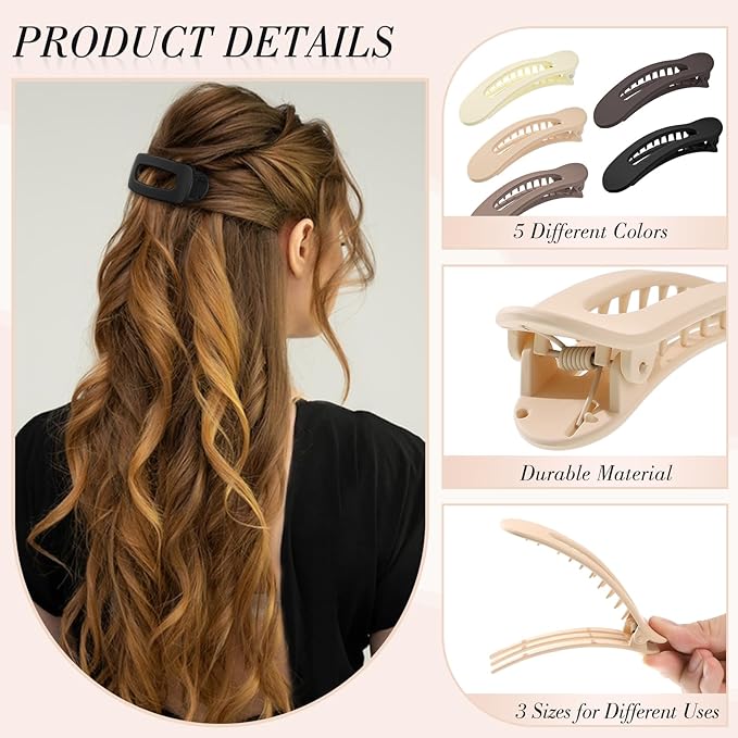 15 PCS Flat Hair Clips, Neutral Color Flat Claw Clips 3 Sizes Hair Claws for Women Girls Thin Hair