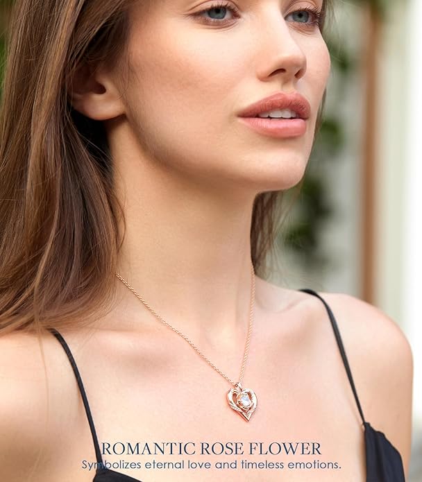 Beam & Bask Rose Flower Heart Moissanite Necklaces for Wife, S925 Silver Pendant for Women, 18K Gold Plated Jewelry for Her Girlfriend Mom for Anniversary Birthday