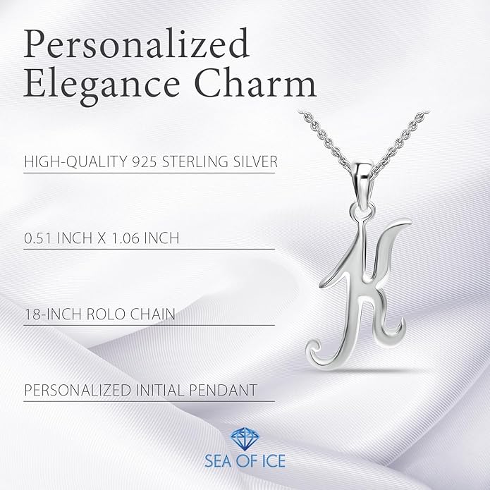 SEA OF ICE Letter Initial Necklace, Alphabet Letter Pendant Necklace, Sterling Silver, Gold, Rose Gold Necklace for Women, Elegant Initial Necklaces, Personalized Custom Women's Necklaces