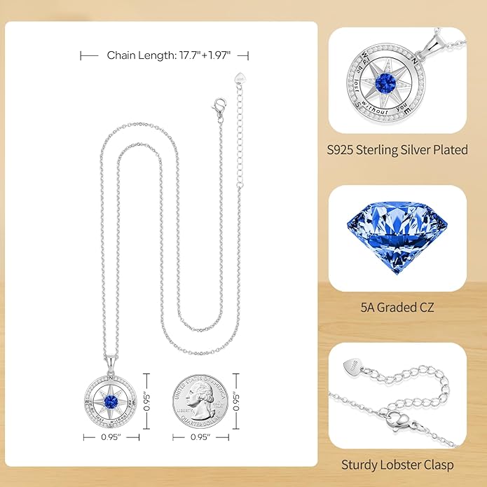 Peeshow Gifts for Women Wife-Compass Birthstone Necklace Gift for Wife Birthday Wedding Anniversary Women Jewelry for Her Girlfriend S925 Sterling Silver