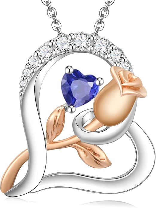 Rose Flower Heart Birthstone Necklaces for Women, 925 Sterling Silver Anniversary Jewelry, Pendant Heart Necklaces Birthday Anniversary Christmas Gift for Women Wife Mom Girlfriend Lady