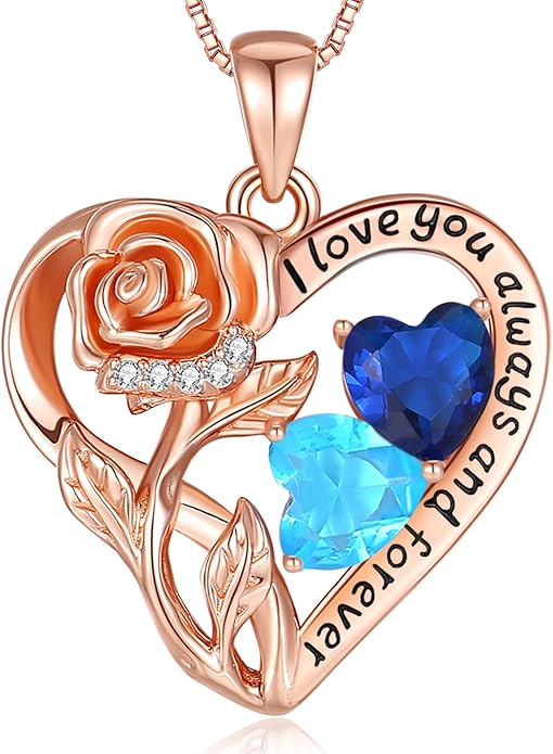925 Sterling Silver Double Birthstone Rose Flower Heart Jewelry Necklaces for Women Anniversary Love Forever Necklaces for Her Birthday Gifts for Wife Girlfriend Mom Mothers Day Rose Gold