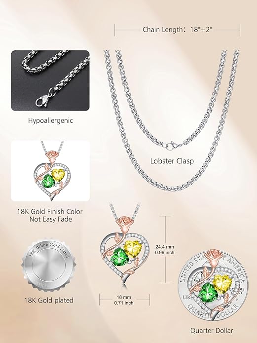 Jewelry for Her Double Heart Rose Birthstone Pendant Necklace Anniversary Jewelry Christmas Birthday Gifts for Women Wife Girlfriend
