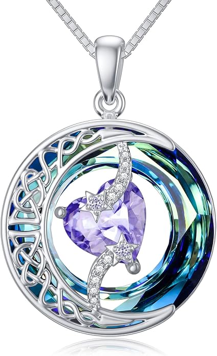 TOUPOP Birthstone Necklace 925 Sterling Silver Moon and Star Pendant with Blue Crystal Celtic Moon Jewelry Birthday Christmas Gifts for Women Mom Wife Her Daughter