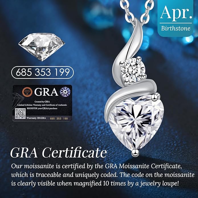 Moissanite Heart Pendant Necklaces for Women，925 Sterling Silver Gold Plating Necklace with Birthstone，Ideal Anniversary Present or Birthday Christmas Valentine Engagements Mothers Day Jewelry Gifts for Mom Wife Her Girlfriend