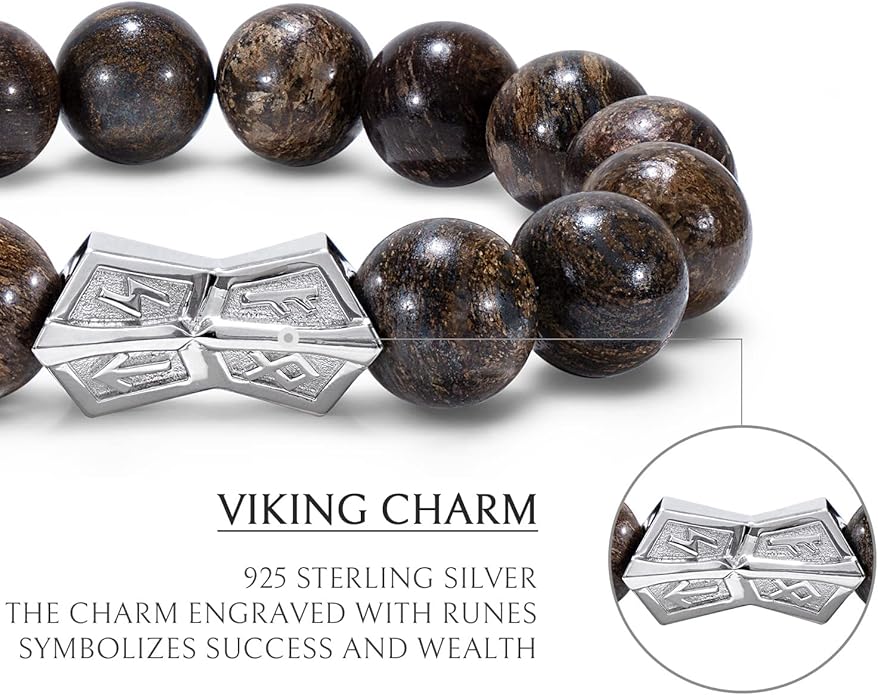 AWNL® Men's Beaded Bracelet with Sterling Silver Engraved Runes Charm 12mm Bronzite Dumortierite Obsidian Natural Gemstone Gift for Men, 6.1''-7.9''