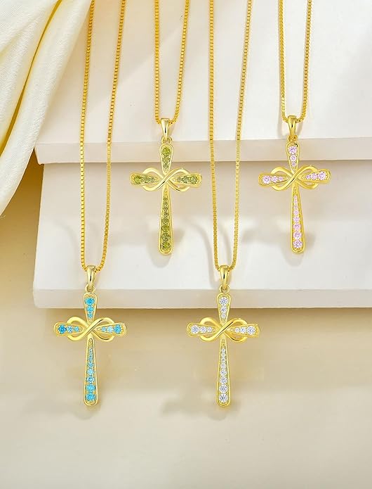 YL 925 Sterling Silver Cross Necklace for Women Halo Infinity Pendant Birthstone Jewelry for Mom