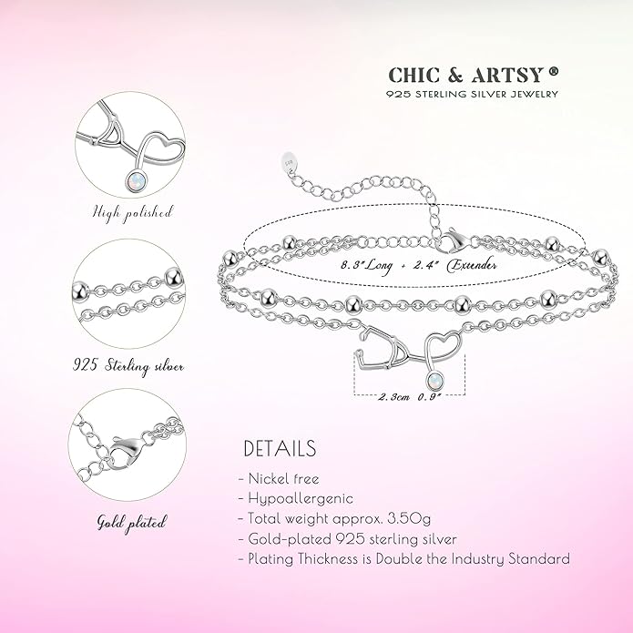 CHIC & ARTSY Womens Sterling Silver Created Opal Layered Anklet Bracelet Dainty Beaded Chain Adjustable 11" Best Friend Anklet