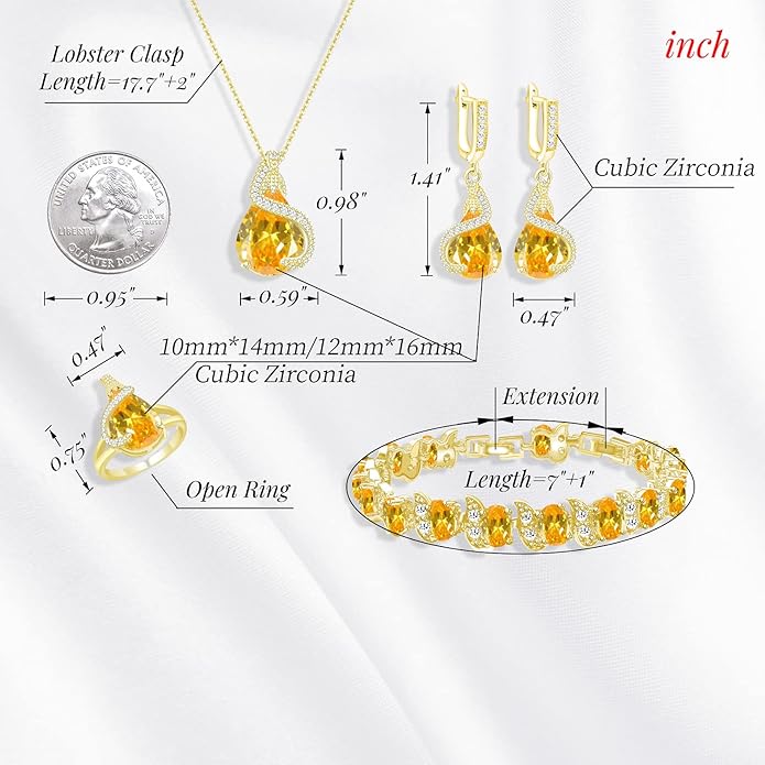 GZWHD Jewelry Set for Women Water Drop Cubic Zirconia Artificial Crystal Earrings Pendant Necklace Open Ring Tennis Bracelet Wedding Anniversary Birthday Engagement Gift for Bridesmaid Wife Girlfriend Friend