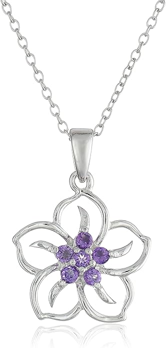 Amazon Essentials Genuine or Created Gemstone Birthstone Flower Pendant Necklace with Chain in Sterling Silver, 18" (previously Amazon Collection)