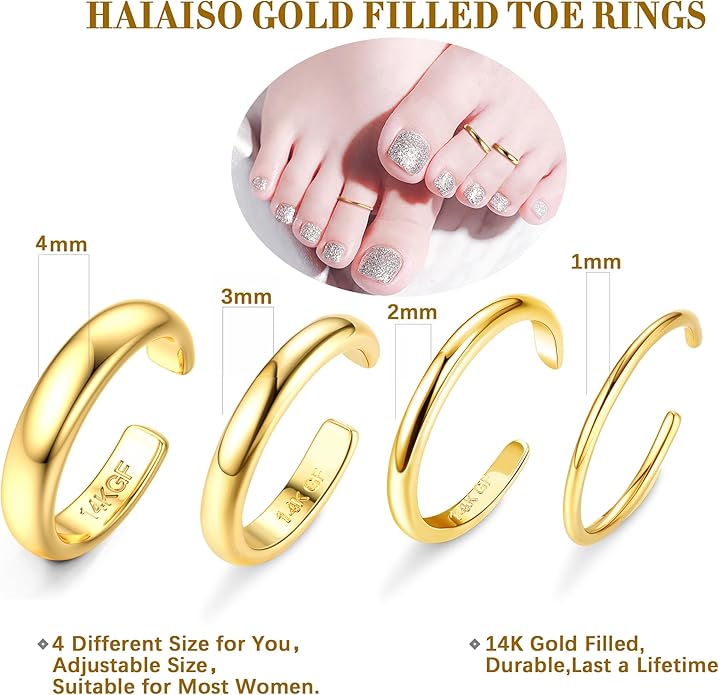 HAIAISO 14k Gold Filled Toe Rings Adjustable Toe Ring for Women Thin Toe Rings Open Band Toe Ring Summer Beach Foot Jewelry Set