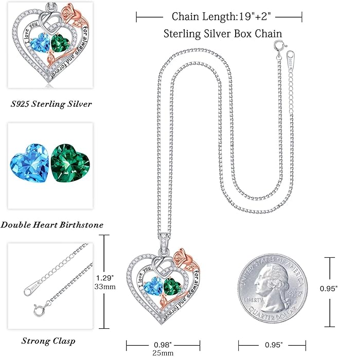 Iefil Rose Heart Necklace Gifts for Wife Women - 925 Sterling Silver Double Birthstone Necklace, Anniversary Birthday Gifts for Women, Jewelry Gift for Wife Girlfriend Mom Her