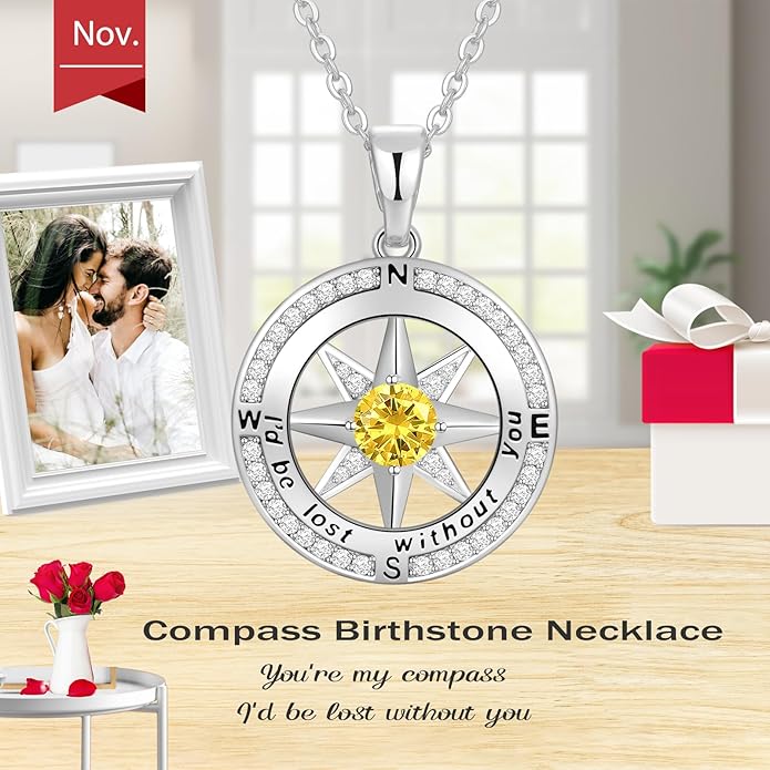 Peeshow Gifts for Women Wife-Compass Birthstone Necklace Gift for Wife Birthday Wedding Anniversary Women Jewelry for Her Girlfriend S925 Sterling Silver
