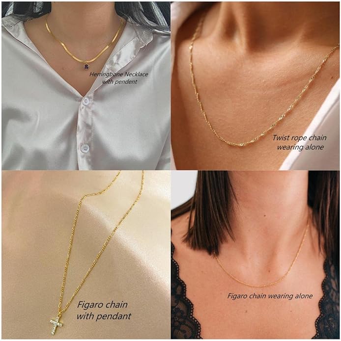 ASCOMY Layered Necklaces for Women Dainty Gold Necklace 14K Gold Plated Herringbone Necklace for Women Pearl Cross Necklace Paperclip Cuban Figaro Rope Satellite Chain Gold Choker Trendy Jewelry Gift