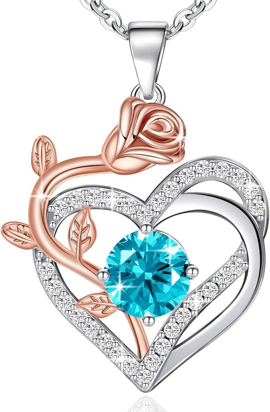 moshen Rose Heart Necklace for Women,925 Sterling Silver Birthstone Pendant - Gift for Women on Valentine's Day, Birthday, Christmas, Anniversary, Mather's Day (12-December-Blue Zirconia)