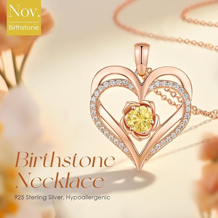 CDE S925 Silver Rose Gold Heart Birthstone Necklaces for Women，Ideal Anniversary or Birthday Jewelry Gifts for Wife Girlfriend Her