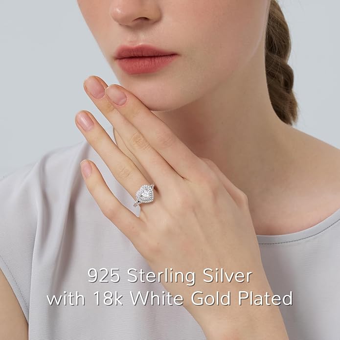 1.6CT Moissanite Heart Shaped Engagement Ring for Women D Color VVS1 Double Halo Wedding Ring S925 Sterling Silver with 18K White Gold Plated Genuine Moissanite Promise Ring for Her Size 5-10