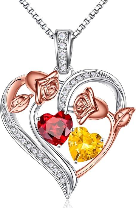 Iefil Birthstone Necklace for Women - 925 Sterling Silver Rose Heart Necklace, Birthstone Jewelry, Anniversary Birthday Gifts for Wife Girlfriend Mom Daughter