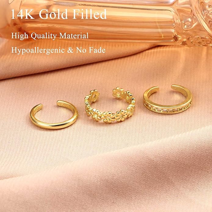 Jstyle 14k Gold Filled Toe Rings for Women Adjustable Toe Ring Band Rings Cubic Zirconia Daisy Flower Toe Rings Summer Beach Foot Jewelry