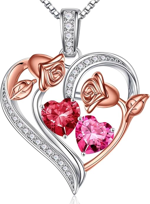 Iefil Birthstone Necklace for Women - 925 Sterling Silver Rose Heart Necklace, Birthstone Jewelry, Anniversary Birthday Gifts for Wife Girlfriend Mom Daughter