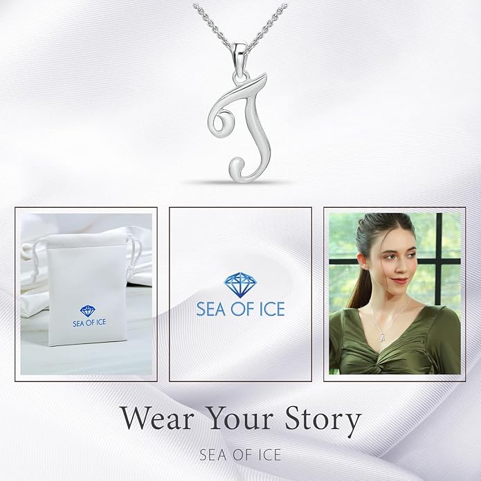 SEA OF ICE Letter Initial Necklace, Alphabet Letter Pendant Necklace, Sterling Silver, Gold, Rose Gold Necklace for Women, Elegant Initial Necklaces, Personalized Custom Women's Necklaces