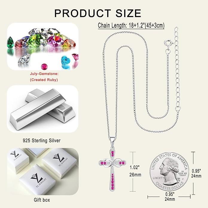 YL 925 Sterling Silver Cross Necklace for Women Halo Infinity Pendant Birthstone Jewelry for Mom