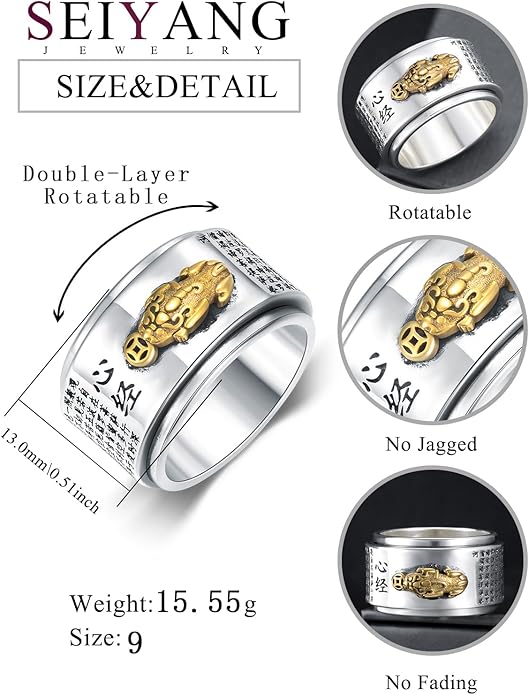 Seiyang Feng Shui Ring 925 Stering Silver Pixiu Mantra Ring Protection Wealth Adjustable Rings Gift for Men Women (with Gift Box)