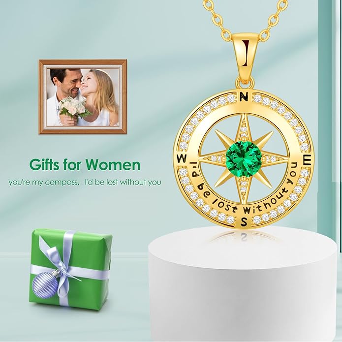 Compass Necklace Gifts for Women wife - S925 Sterling Silver Birthstone Necklaces for Women - Anniversary Birthday Gifts for Her Wife Girlfriend - Valentines Mom Mothers Day Christmas Gifts Jewelry for Women
