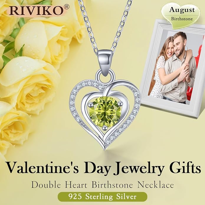 RIVIKO Heart Birthstone Pendant Necklace for Women 925 Sterling Silver Zirconia Necklaces Wedding Anniversary Birthday Mothers Day Jewelry Gifts For Her Mother Wife