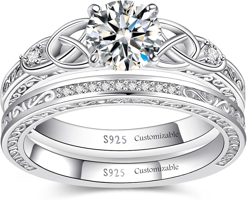Vintage Celtic Knot Women's Engagement Ring Sets 925 Sterling Silver/14K Gold Plated Stackable Wedding Bands Rings AAAAA Cubic Zirconia Women Bridal Sets Wedding Ring Band Width 1.8mm Size 5-9