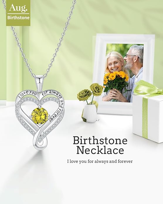 Jewelry for Women Wife Infinity Heart Birthstone I Love You Necklace S925 Anniversary Women Necklaces for Her Wife Birthday Gift Ideas, Birthday Present for Girlfriend Mom Daughter Sterling Silver