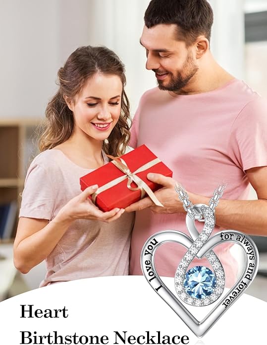 I Love You For Always and Forever Birthstone Necklace Infinity Love Heart Pendant Jewelry Christmas Valentine Mothers Day Birthday Gifts for Women Her Wife Girlfriend